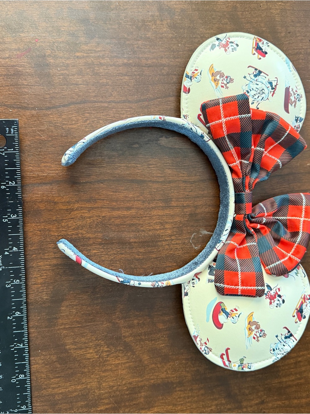 Disney holiday Christmas Cream Minnie Ear Headband with Red Plaid Bow